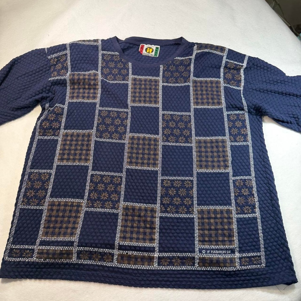 Vintage 90s IF International Wear Patchwork Textured Shirt Navy 1994 Grandpacore